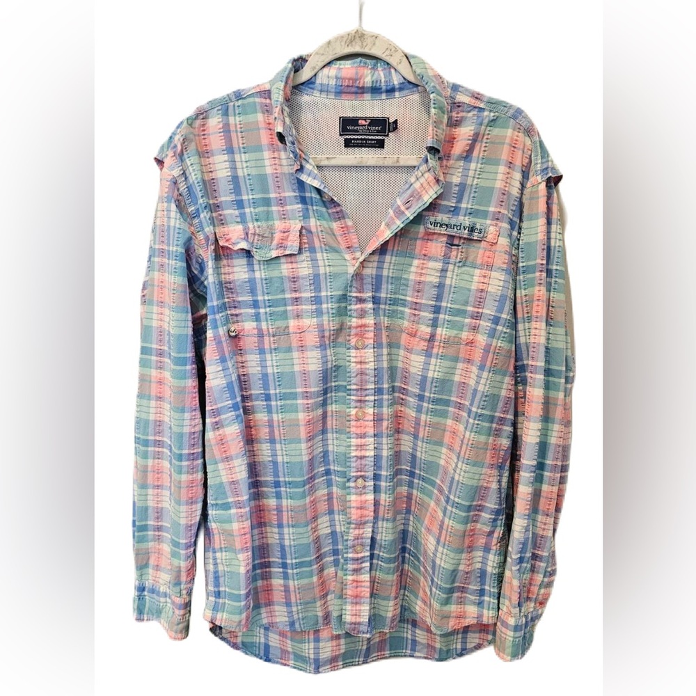 Vineyard Vines Mens Shirt Plaid Size Large Performance Shirt Blue Pink White